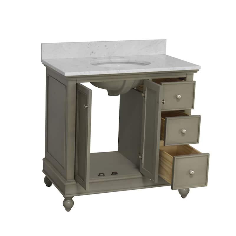KitchenBathCollection Bella 36" Bathroom Vanity with Carrara Marble Top