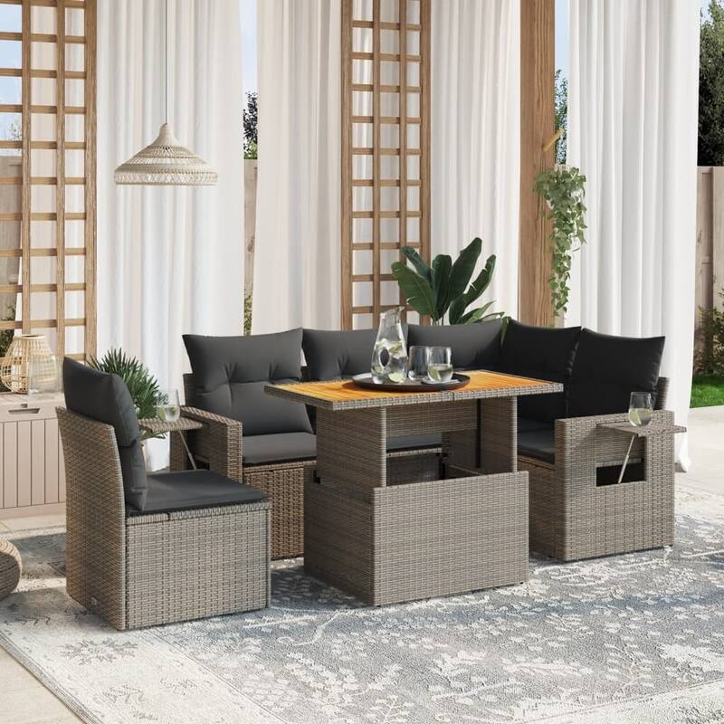 vidaXL Patio Sofa Set with Cushions Lounge Table and Sofas 6 Piece Poly Rattan - 21.7 x 39.4 x 28.7