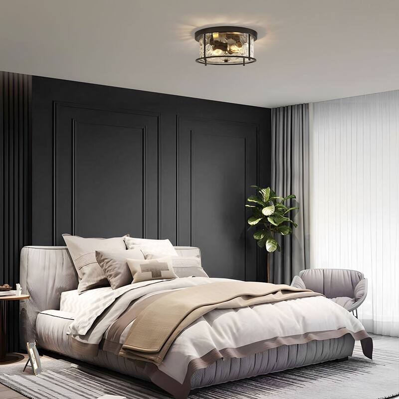 2-Light Flush Mount Water Rippled Glass Ceiling Light with Metal Frame