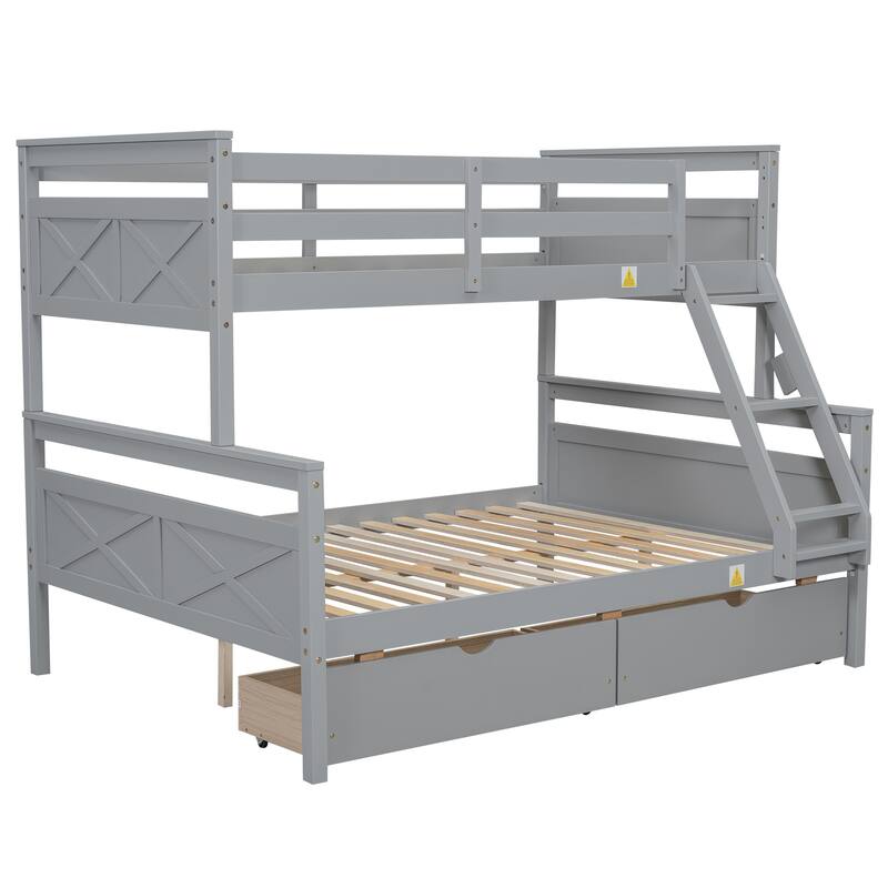 Twin Over Full Bunk Bed with Ladder and Storage Drawers, Solid Pine Frame, Guardrails