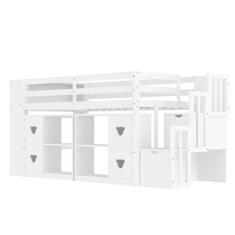 Kids Twin Size Captains Bed Low Loft Bed with LED, Cabinets, Stair Drawers and Shelves, Cabinet Door with Bear-shaped Handles