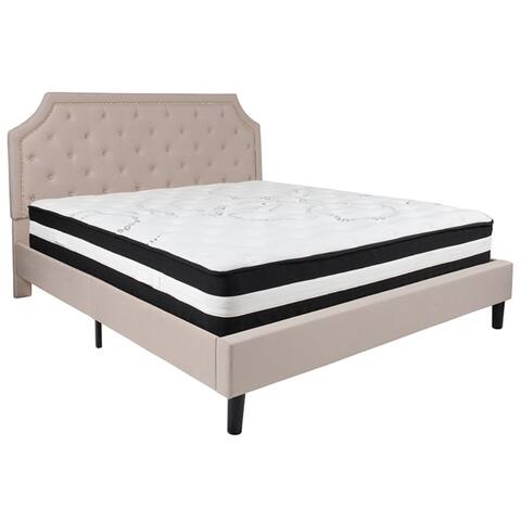 Offex Brighton King Size Tufted Upholstered Platform Bed in Beige Fabric with Pocket Spring Mattress