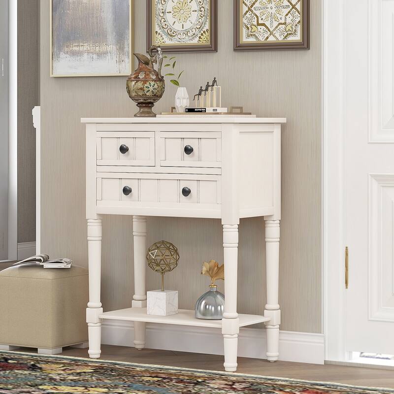 Narrow Console Table, Slim Sofa Table with Three Storage Drawers and Bottom Shelf - Ivory