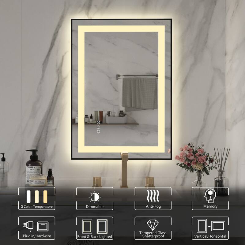 QuivaraView Aluminum front light and backlit LED lighted Framed Tempered Glass Bathroom Vanity Wall Mounted Mirror