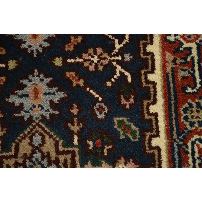 Hand Knotted Oriental 100% Wool Carpet Traditional Geometric Navy Blue & Blues Heriz (serapi) Runner Rug - 8' 4'' X 2' 5''