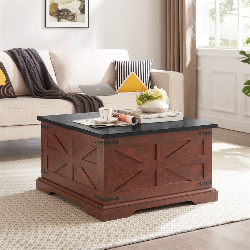 Farmhouse Coffee Table, Square Wood Center Table with Hidden Storage