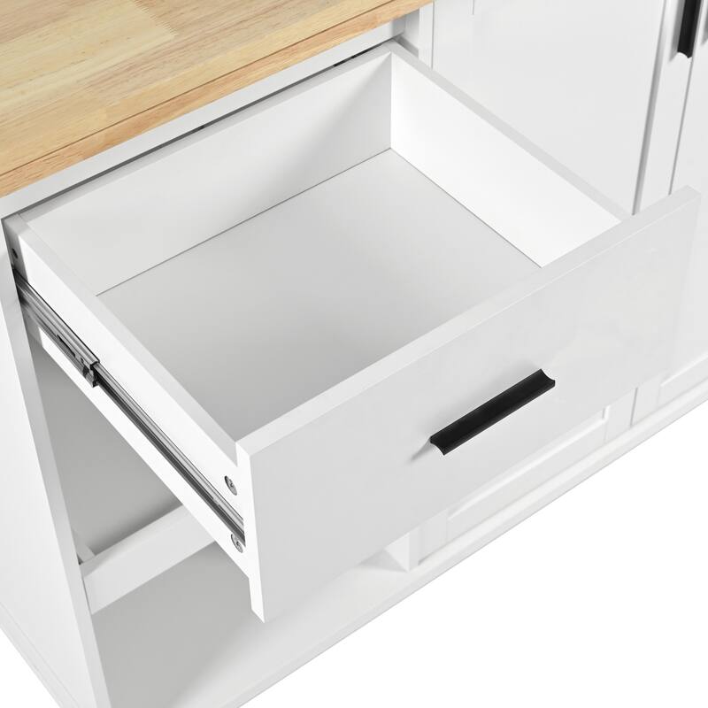 49.02'' Rubber Wood Farmhouse Kitchen Island with Rolling Wheels, Slide-Out Shelf, Towel Rack and Drawer