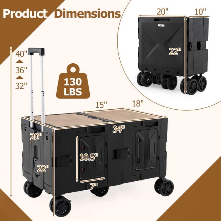 PP TPR MDF Metal Large Folding Utility Cart with Tabletop - 34" x 20" x 22"