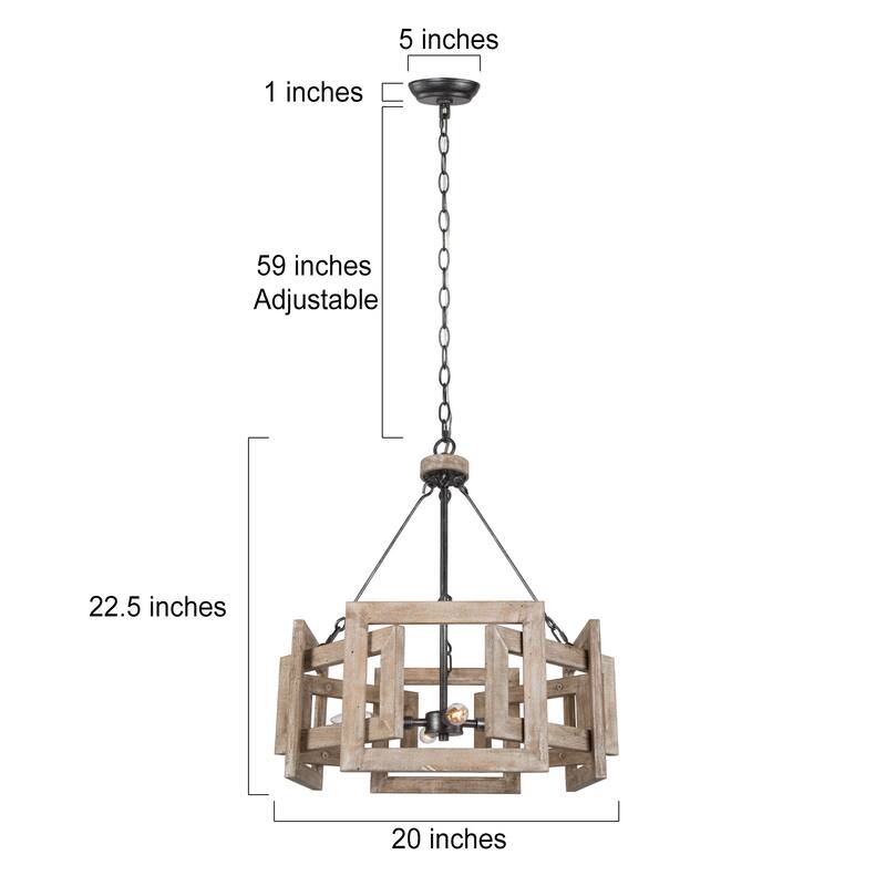Solid Wood Farmhouse 4-Light Drum Chandelier for Dining Room in Distressed Finish - L20" xW20 "xH23.5"