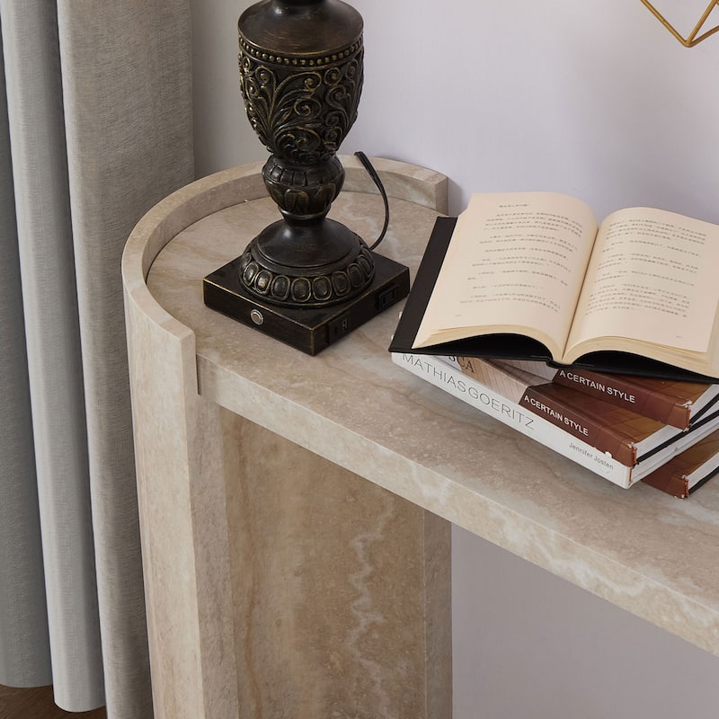53.15 Inch Faux Marble Pattern Entryway Table, Modern Design Narrow Console Table with Oval Top and Raised Edge Design