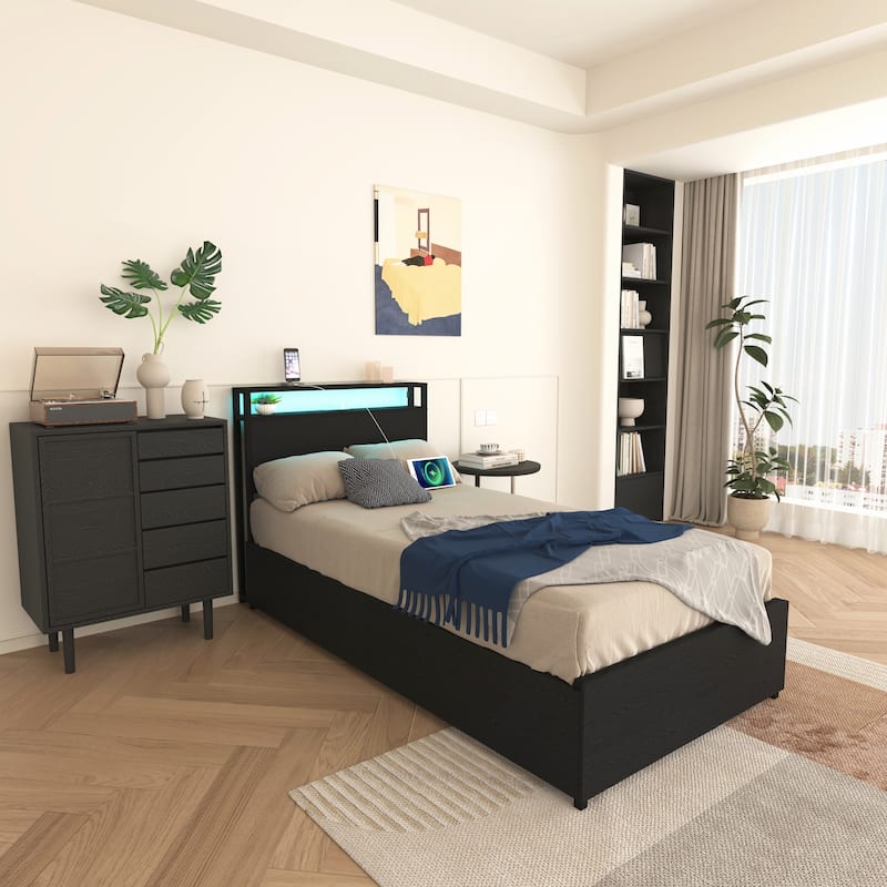 Twin Bed Frame with Storage Headboard and Charging Station
