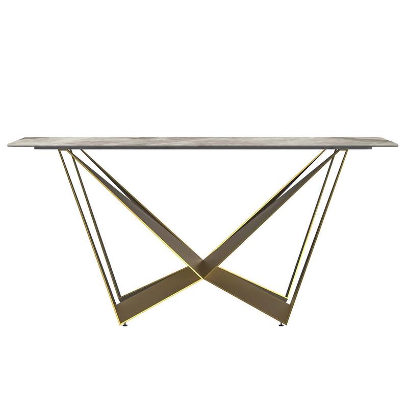 Nuvor Rectangular Sintered Stone or Glass Tabletop Dining Table with Powder-Coated Gold Steel Base for Kitchens & Dining Rooms