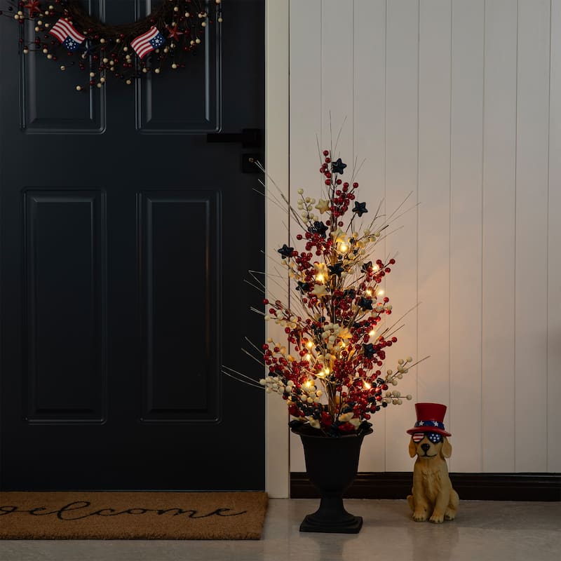 Glitzhome 36"H Americana LED Lighted Berry & Stars Urn Porch Tree with Timer