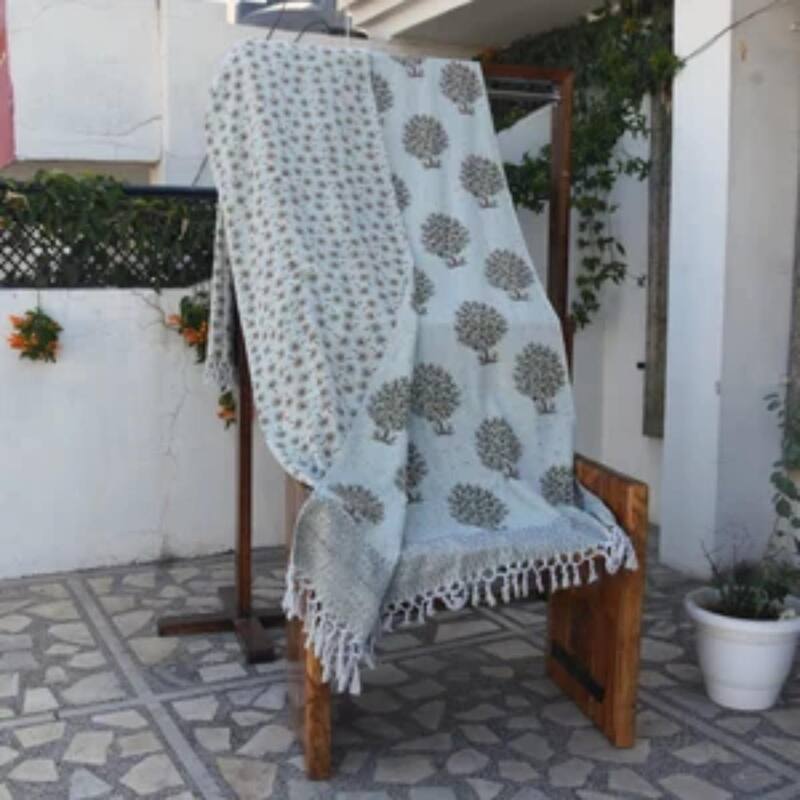 Fabdivine Anar Handcrafted Cotton Blanket - Double-Sided Block Print, Artisan Home Textile, Retro Cozy Sofa & Bed Throw, 90"x54"