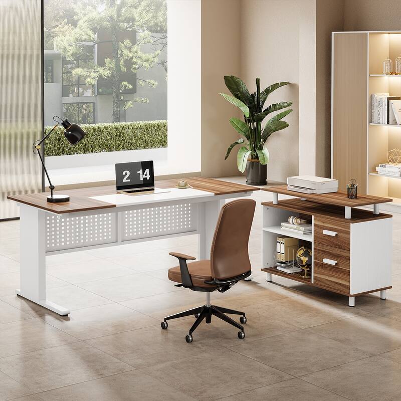 63-Inch L-Shaped Executive Desk with Storage Shelves