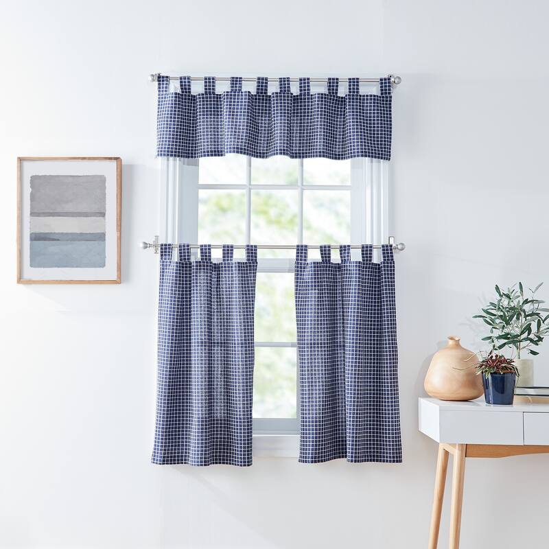 Tommy Hilfiger Mini Check 3-Piece Curtain Tier and Valance Set - Dark Grey