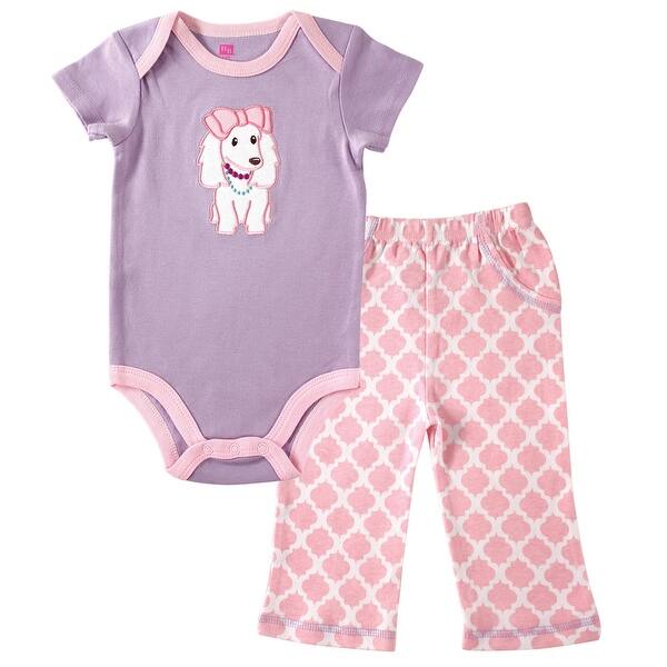 slide 1 of 1, Hudson Baby Infant Girl Cotton Bodysuit and Pant Set, Purple Puppy 0-3 Months - Purple Puppy