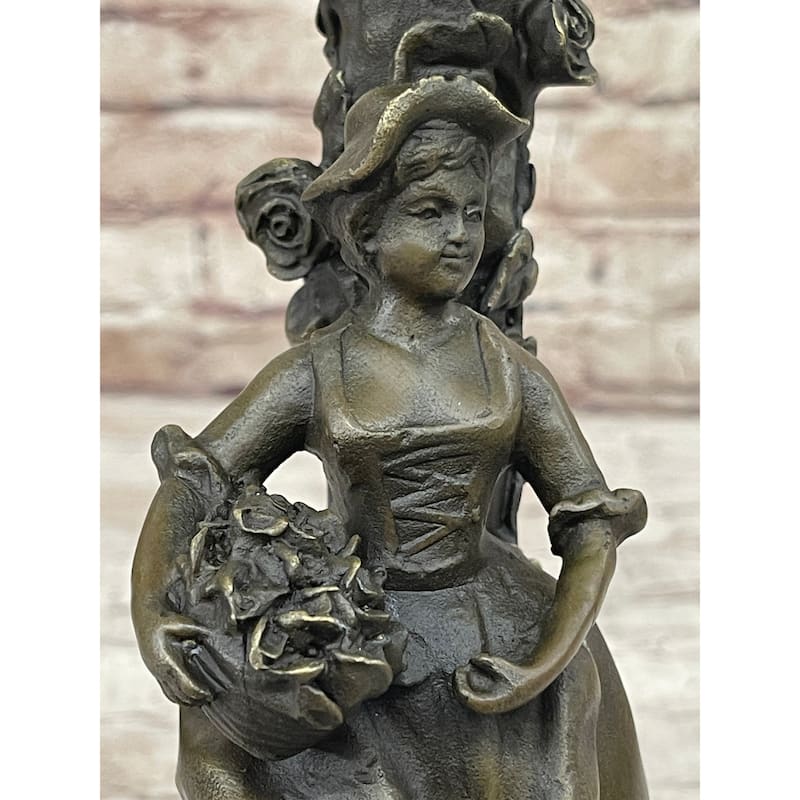 Young Woman Holding A Basket Of Flowers - Bronze Metal Candle Holder Candelabra Sculpture