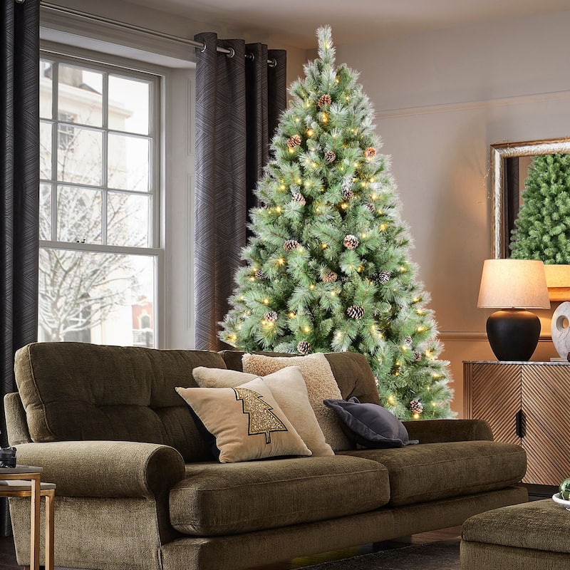8FT Christmas Tree with 550 Warm White LED Lights-1858 PVC & Hard Needle Tips,102 Pine Cones,Hinged Branch Design - 8 Foot