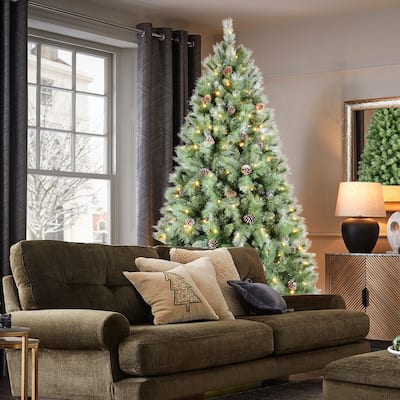 8FT Christmas Tree with 550 Warm White LED Lights-1858 PVC & Hard Needle Tips,102 Pine Cones,Hinged Branch Design