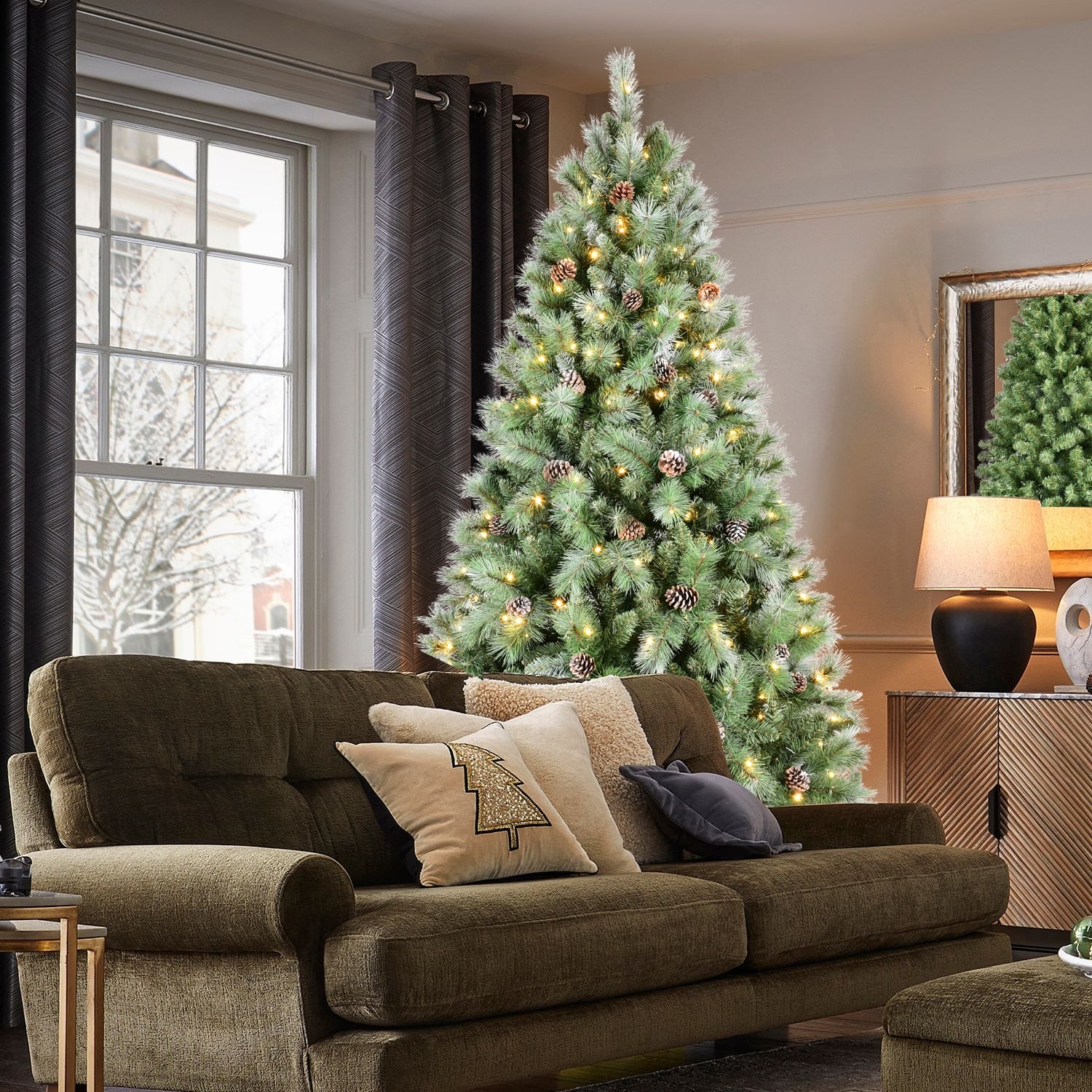 Pre-Lit Artificial Christmas Tree - Warm White LED Lights, PVC & Hard Needle Tips, Pine Cones, Metal Stand - Green