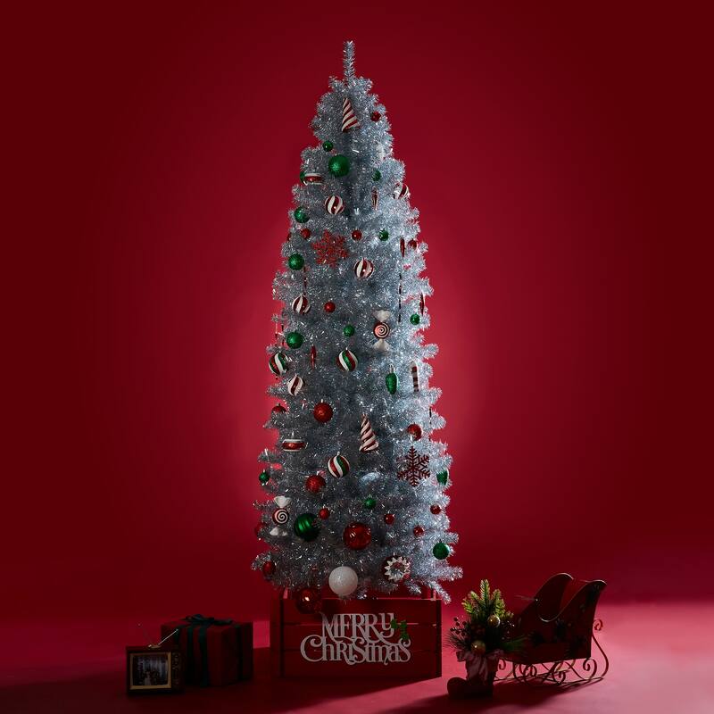 Glitzhome 7.5ft/9ft Shimmering Tinsel Pink Slim Pencil Fir Artificial Christmas Trees