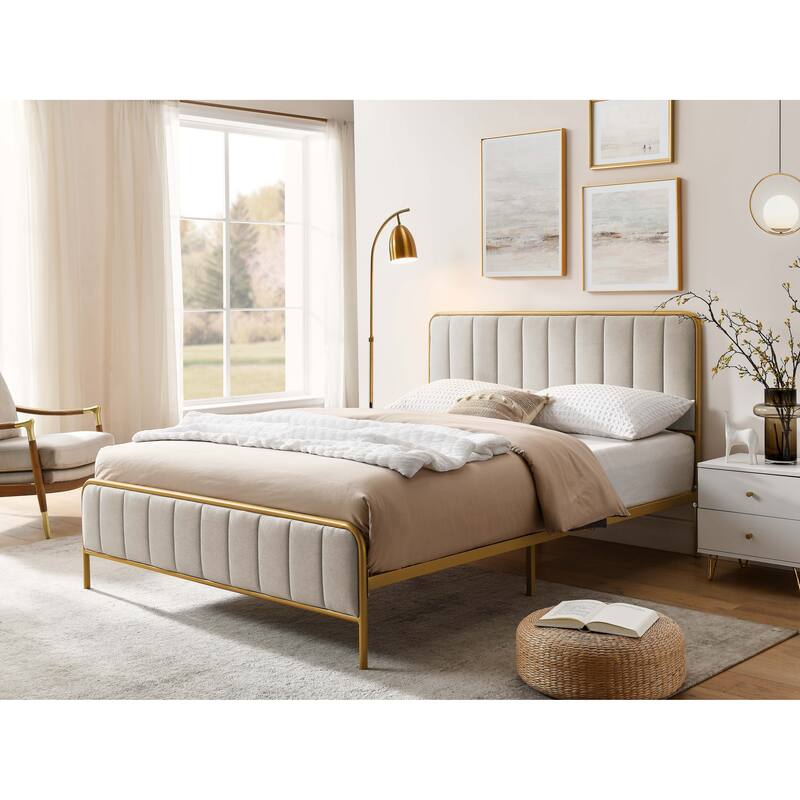 Queen Upholstered Bed Frame with Tufted Headboard - khaki