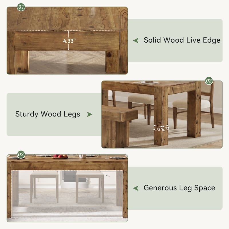 Solid Wood 63" Rectangular Dining Table for 4-6 - 31.5" D x 63" W x 29.92" H