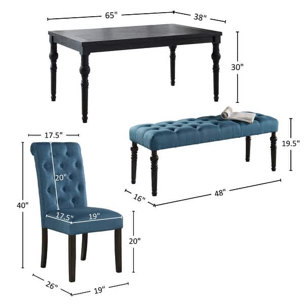 dimension image slide 3 of 4, Roundhill Furniture Leviton Upholstered Dark Wash Wood 6-piece Dining Set