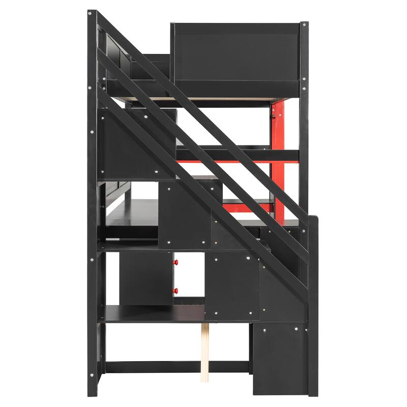 Gaming Loft Bed with Desk - Full/Twin, Includes Storage Stairs, Shelves & Pegboard