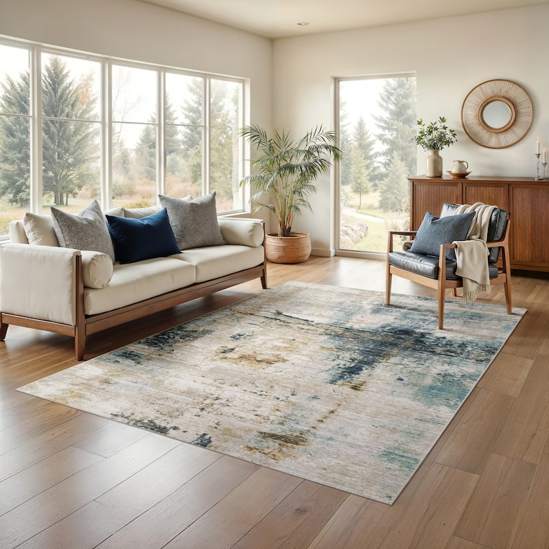 Calliope Textural Distressed Abstract Ivory/ Blue Area Rug