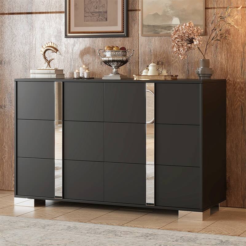 Modern Dresser with Metal Foot, Mirrored Storage Cabinet with 6 Drawers