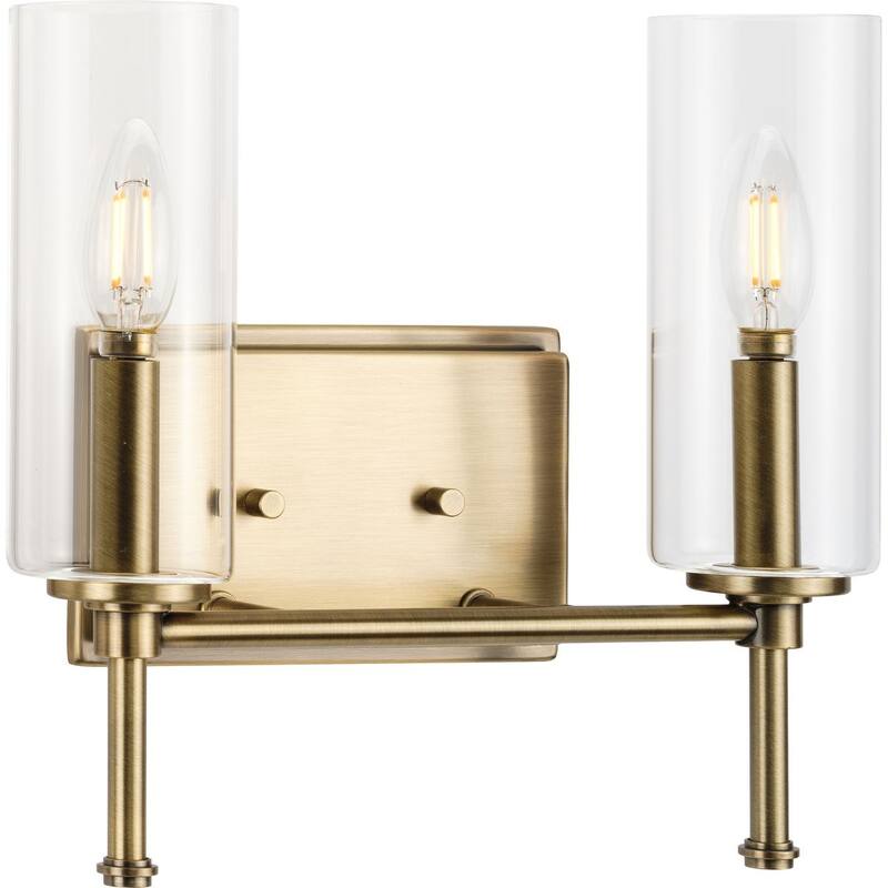 Elara Collection Two-Light Vintage Brass Clear Glass Bath Vanity Light - 12.5 in x 5.12 in x 11.5 in