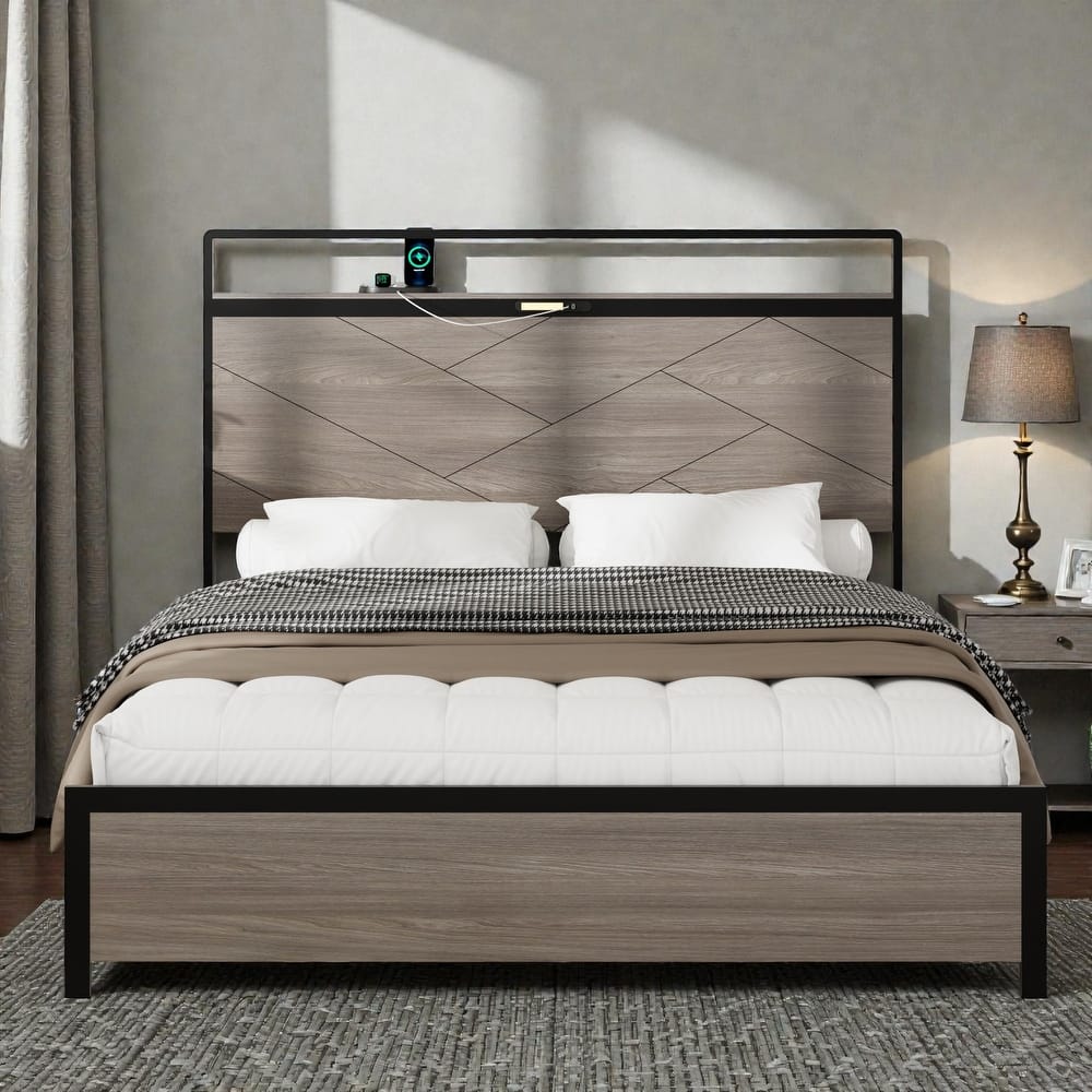 Modern Metal Platform Bed Frame with Wood Headboard LED Lights, USB & Type-C Charging Station, Large Underbed Storage