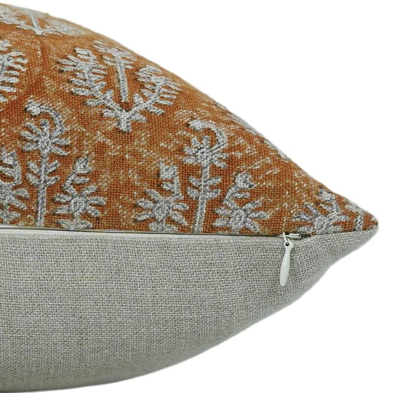 Fabdivine Floral Orange Pillow Cover Handmade Block Print, Neelgagan