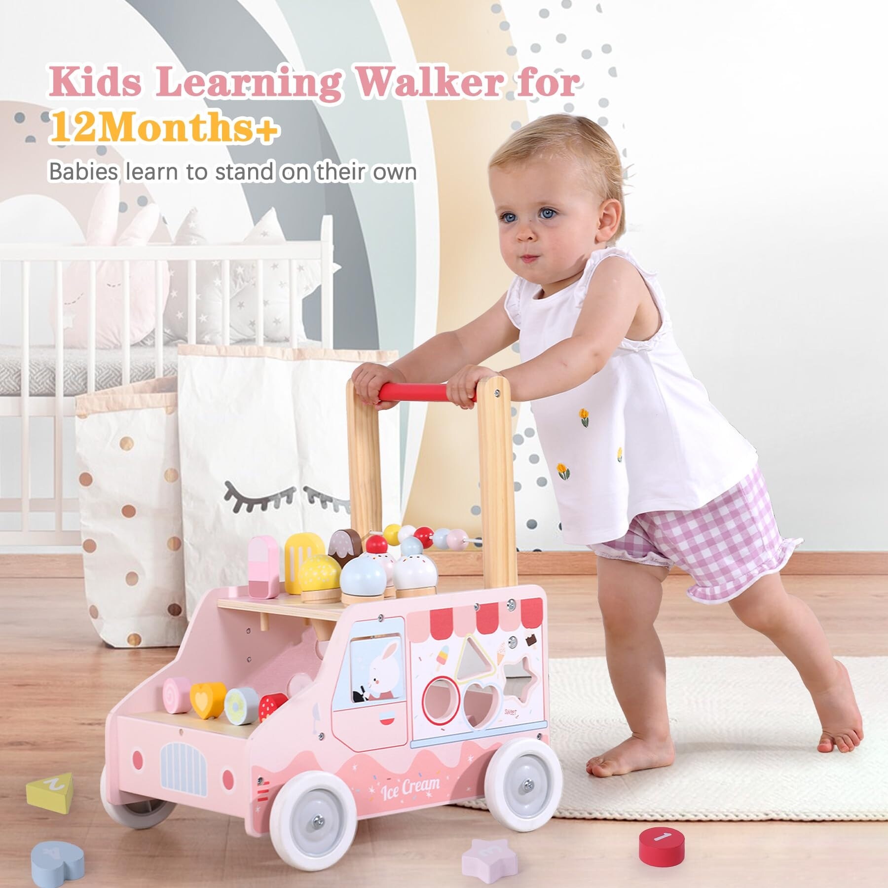 Baby Cartoon Push Walker Toy With Music Drawing Board Multifunction Activity Learning Walk Toddler Walker For 6-15 Months Infant
