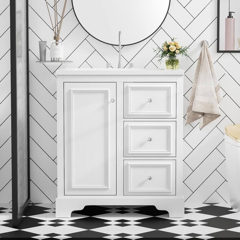 30-Inch Bathroom Vanity Cabinet with Ceramic Basin, 3 Drawers and Adjustable Shelves