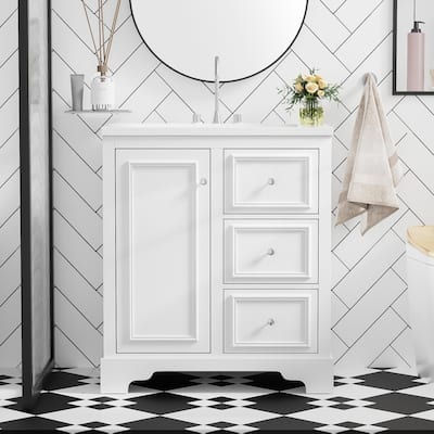 30-Inch bathroom vanity cabinet with ceramic basin, 3 drawers and adjustable shelves
