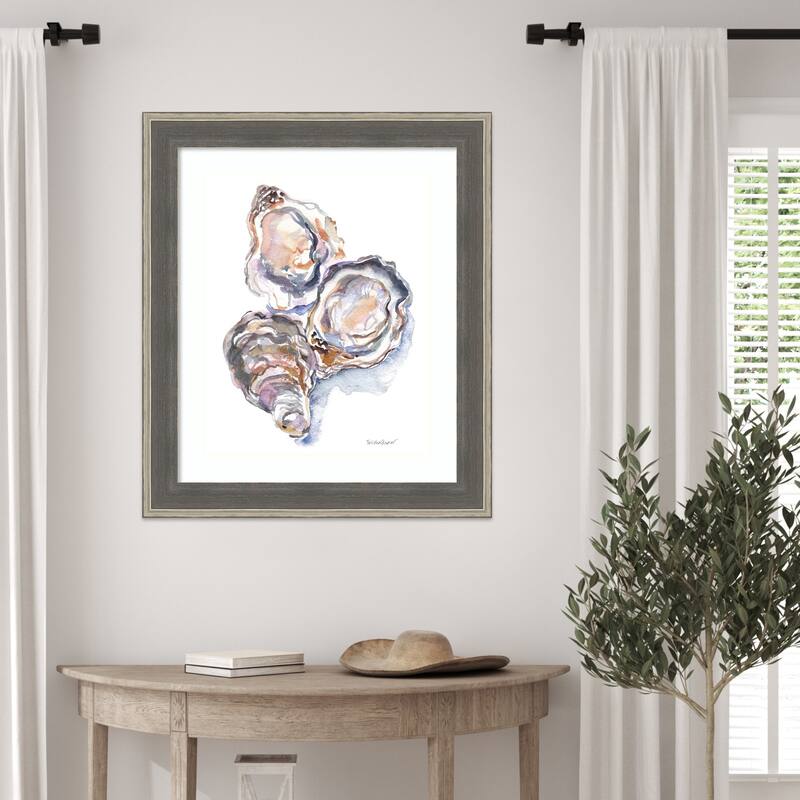 3 Oysters by Patricia Shaw Wood Framed Wall Art Print - Cottage Grey Silver