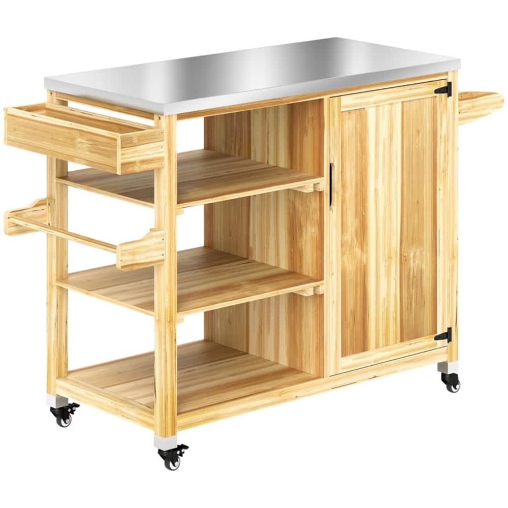 Stainless Steel and Wood Grill Cart with Three-Tier Storage, Towel Rack, and Swivel Casters - 53" W x 19.7" D x 36" H