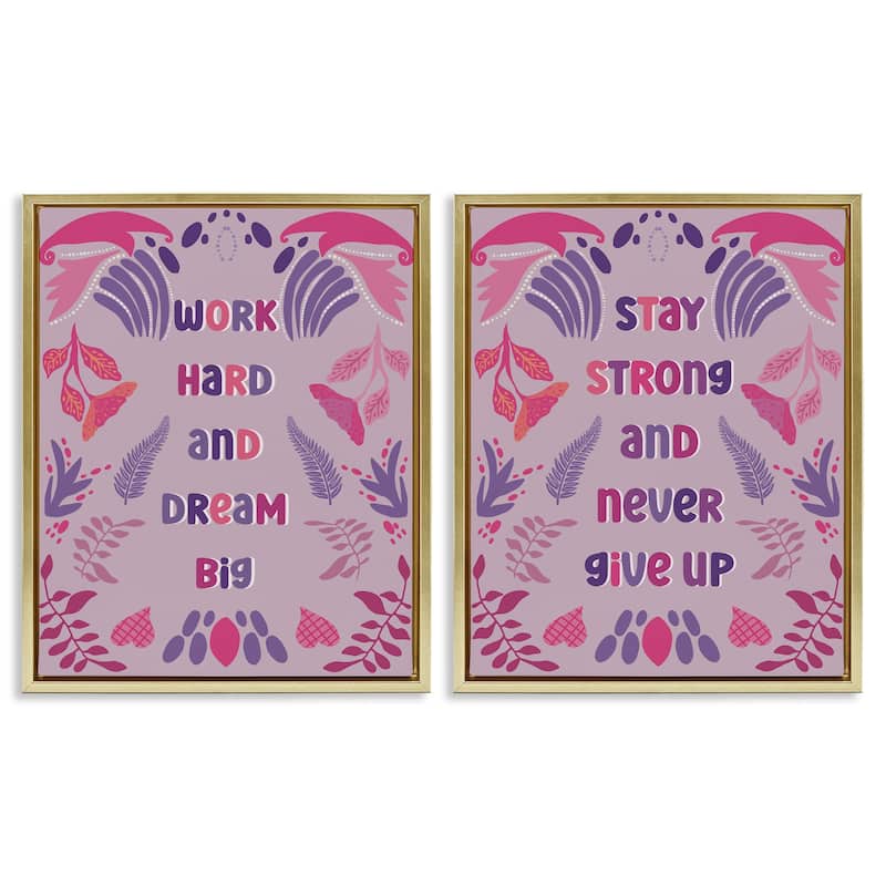 Stupell Purple Motivational Work Hard Framed Floater Canvas Wall Art Design By Julia Frost (Set of 2) - 17 x 21 - Gold