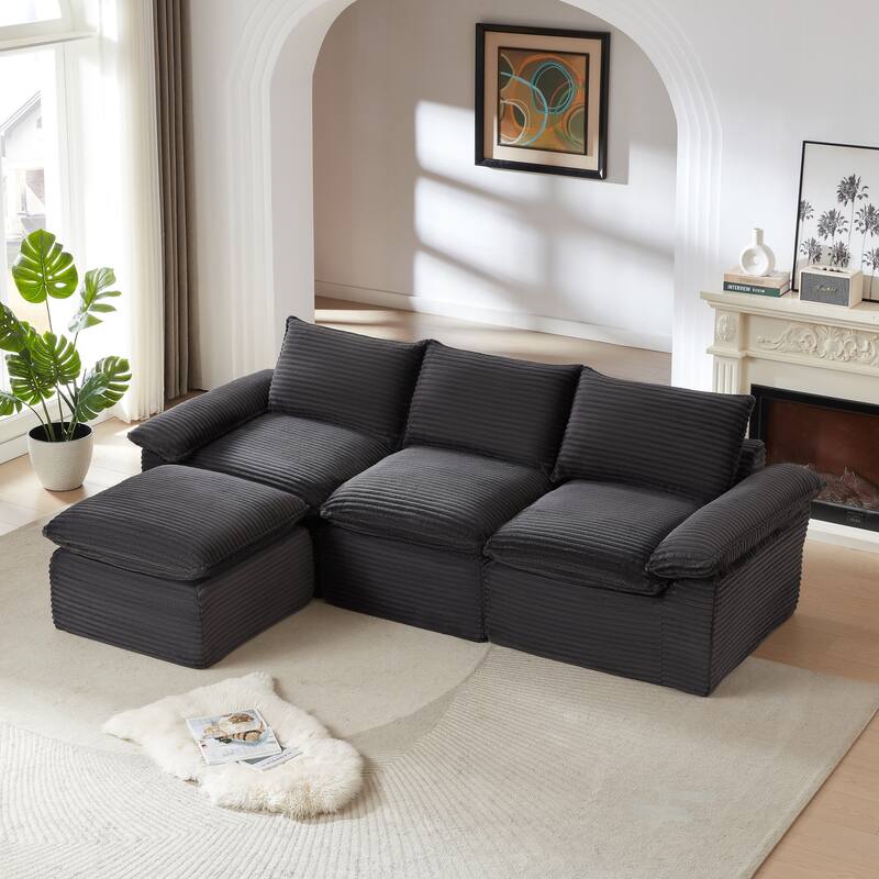 L Shaped Sectional Sofa with Ottoman, Oversized Corduroy Upholstered Cloud Sofa, High-Density Sponge 4 Seater Sofa - Dark Gray