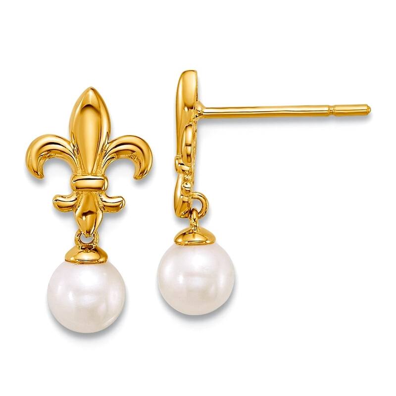 Curata 14k Yellow Gold Fleur De Lis 4mm Freshwater Cultured Pearl Post Dangle Earrings - 14x6.9mm