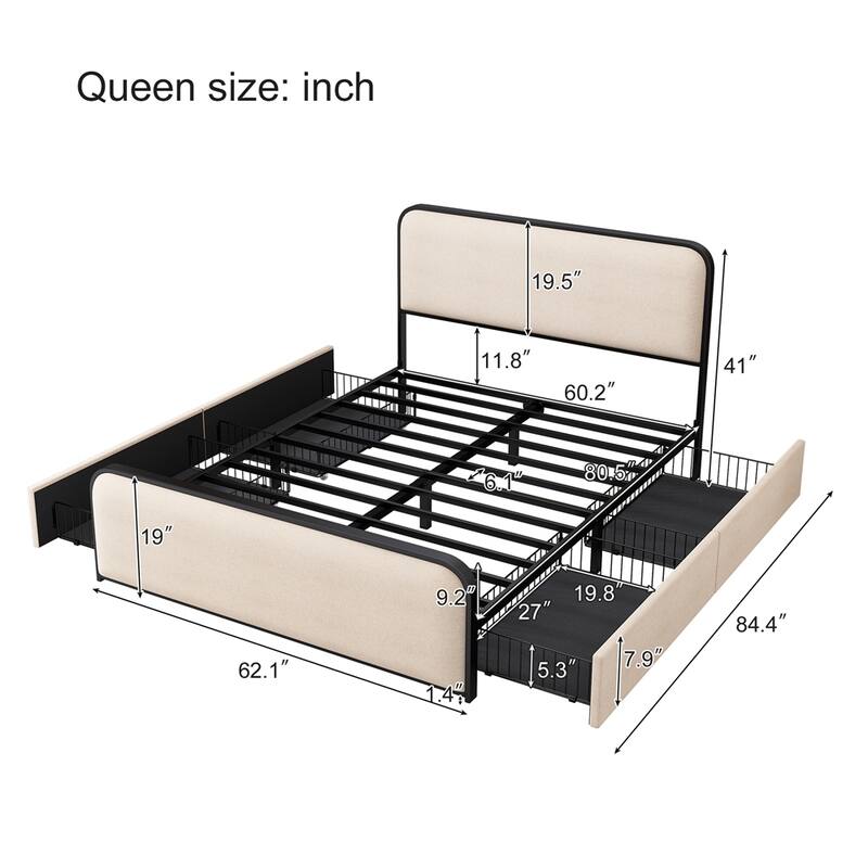 Modern Queen Size Metal Bed Frame with Curved Upholstered Headboard