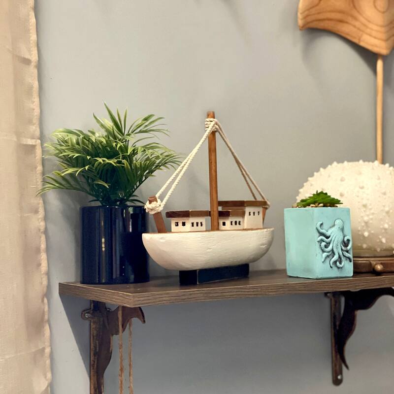 13.5In Wood Fishing Boat Statue Nautical Decor Handcrafted Ship Modell - 9.75 X 13.5 X 3.25 inches