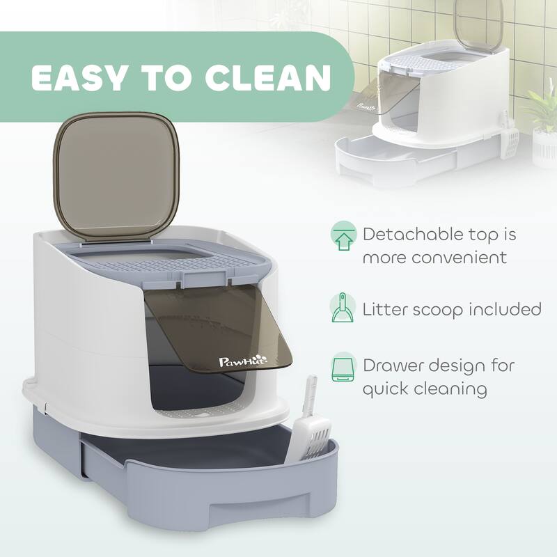 PawHut Cat Litter Box with Lid, Covered Kitty Litter Box Enclosed with Scoop, Drawer, Top Entry, Deodorizing Bags, Gray