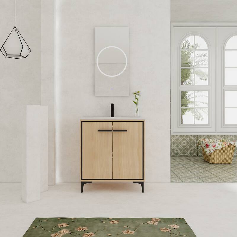GDFStudio - Denton Modern Freestanding Bathroom Vanity Cabinet with Ceramic Sink, Soft Close Doors & Metal Tripod - 30"