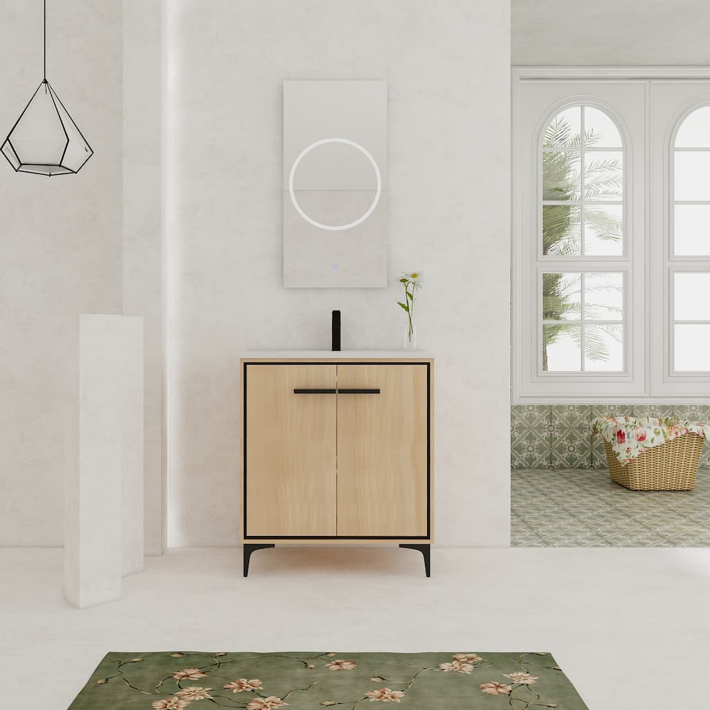 GDFStudio - Denton Modern Freestanding Bathroom Vanity Cabinet with Ceramic Sink, Soft Close Doors & Metal Tripod - 30"