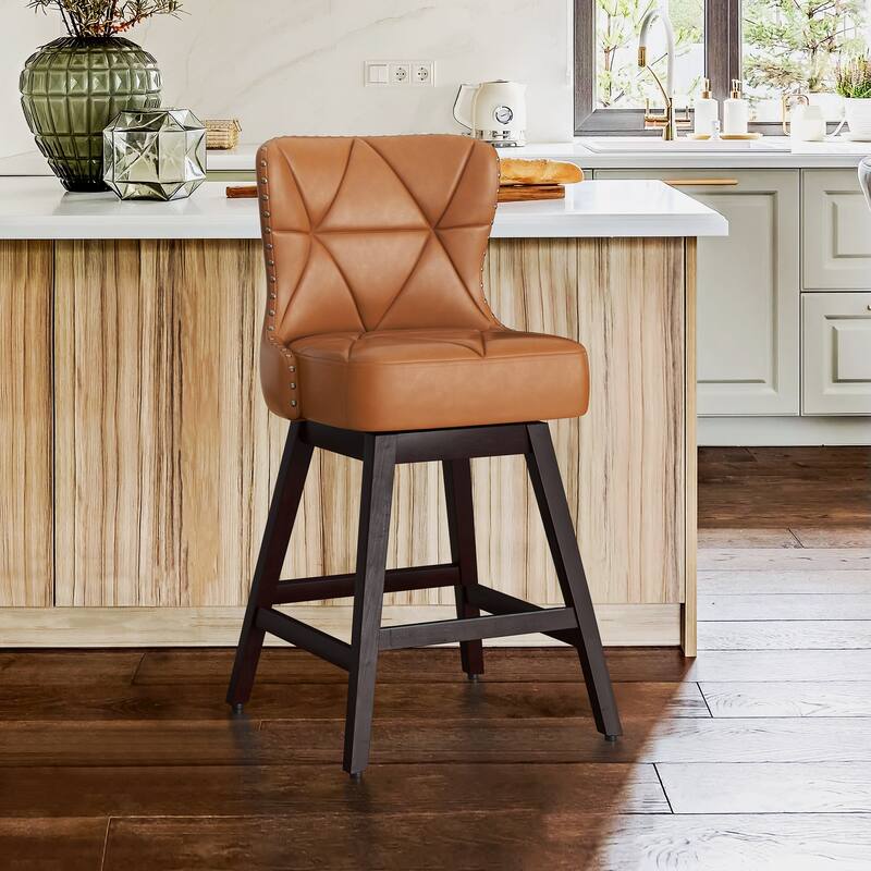 26 in. Mid-Century Modern Counter Stools Wood Frame Swivel Bar Stools with Faux Leather/Fabric Upholstered Seat