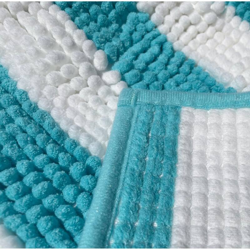 Extra Large 2 Piece Set Light Blue White Stripe Soft Cozy Plush Chenille Bath Mat Bathroom Rug